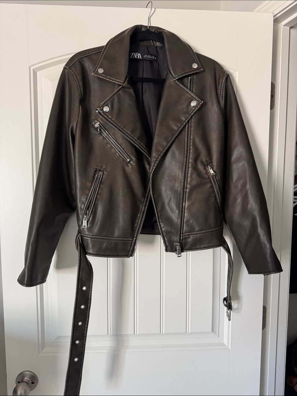 Zara Dark Brown Faux Leather Biker Jacket with Belt